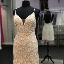 In Stock Ashley Lauren 4257 Short Beaded Cocktail Dress Formal Ivory Gown Beaded Sequin