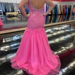 In Stock Envious Couture 0648 Size 6 Long Asymmetrical Mermaid Prom Dress Lace Pageant Gown