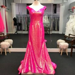In Stock Ashley Lauren 11109 Size 16 Neon Off The Shoulder Sequin Prom Dress Pageant Gown