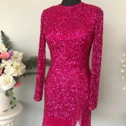 Ashleylauren Ashley Lauren 4438 Cocktail Dress Long Sleeves Fringe Trim On Hem And Slit