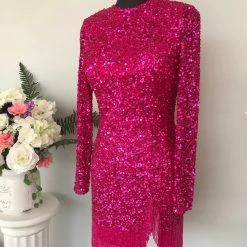 In Stock Fringe & Tassels Ashley Lauren 4438 Fuchsia Size 2, 10 Cocktail Dress Long Sleeves Fringe Trim On Hem And Slit 34 In Stock Fringe & Tassels Ashley Lauren 4438 Fuchsia Size 2, 10 Cocktail Dress Long Sleeves Fringe Trim On Hem And Slit