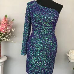 In Stock Ashley Lauren 4457 Size 00, 14, 16 Cocktail Dress One Shoulder Sheer Long Sleeve Fitted