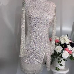 Ashleylauren Sequin Dresses Ashley Lauren 4438 Cocktail Dress Long Sleeves Fringe Trim On Hem And Slit