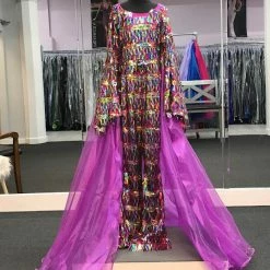 Marc Defang 5010L Long Sequin Bell Sleeve Jumpsuit Overskirt Girls Fun Fashion