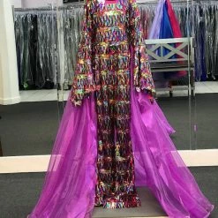 Marc Defang 5010L Long Sequin Bell Sleeve Jumpsuit Overskirt Girls Fun Fashion