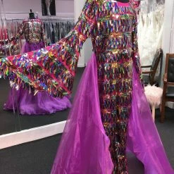 Marc Defang 5010L Long Sequin Bell Sleeve Jumpsuit Overskirt Girls Fun Fashion