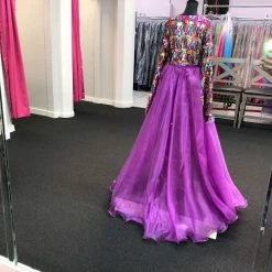 Marc Defang 5010L Long Sequin Bell Sleeve Jumpsuit Overskirt Girls Fun Fashion