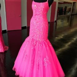 In Stock Amarra 87339 Neon Pink Mermaid Prom Dresses Size 10, 12 Sequin Embellished Tulle Mermaid Backless Corset Lace Gown Mermaid Dresses