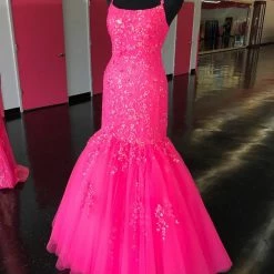 In Stock Amarra 87339 Neon Pink Mermaid Prom Dresses Size 10, 12 Sequin Embellished Tulle Mermaid Backless Corset Lace Gown Mermaid Dresses