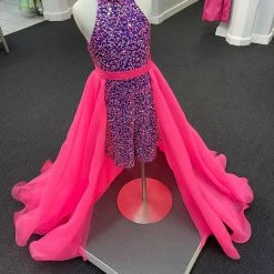 Ashley Lauren 8067 Hot Pink Kids Overskirt Size 4, 6, 8, 10 Wire Hem Organza In Stock