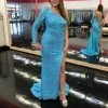 In Stock Amarra 87262 Neon Blue Prom Dress Size 6 Sequin One Shoulder Sleeve With Slit