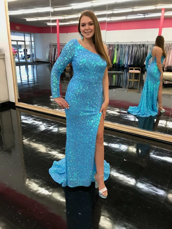 In Stock Amarra 87262 Neon Blue Prom Dress Size 6 Sequin One Shoulder Sleeve With Slit 3 In Stock Amarra 87262 Neon Blue Prom Dress Size 6 Sequin One Shoulder Sleeve With Slit