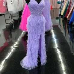 Jovani 08060 Long Feather Backless Corset Prom Dress Formal Gown Slit Skirt V Neck Backless Dresses