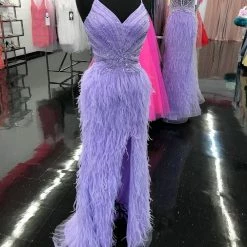 Jovani 08060 Long Feather Backless Corset Prom Dress Formal Gown Slit Skirt V Neck Backless Dresses