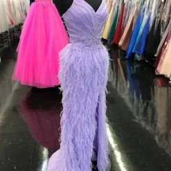 Jovani 08060 Long Feather Backless Corset Prom Dress Formal Gown Slit Skirt V Neck Backless Dresses