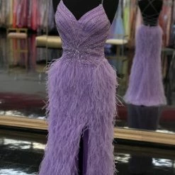 Jovani 08060 Long Feather Backless Corset Prom Dress Formal Gown Slit Skirt V Neck Backless Dresses