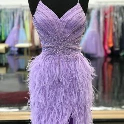 Jovani 08060 Long Feather Backless Corset Prom Dress Formal Gown Slit Skirt V Neck Backless Dresses