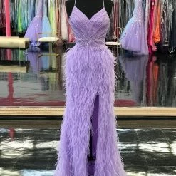 In Stock Jovani 08060 Size 4 Long Feather Backless Corset Prom Dress Formal Gown Slit Skirt V Neck