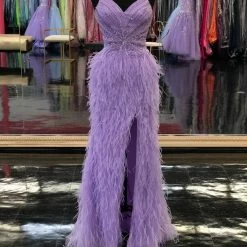 Jovani 08060 Long Feather Backless Corset Prom Dress Formal Gown Slit Skirt V Neck Backless Dresses