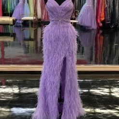 Jovani 08060 Long Feather Backless Corset Prom Dress Formal Gown Slit Skirt V Neck Backless Dresses