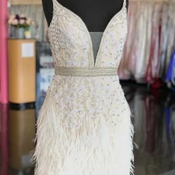 Jovani 04624 Short Beaded Fitted Feather Cocktail Dress Plunging Neckline Gown