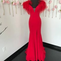 In Stock Ashley Lauren 11101 Size 4 Red Prom Dress V Neckline Feather Off The Shoulder Wrap