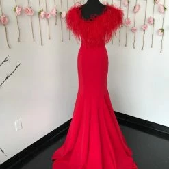 Ashleylauren Ashley Lauren 11101 Prom Dress V Neckline Feather Off The Shoulder Wrap