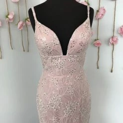 In Stock Ashley Lauren 1743 Size 4 Blush Mermaid Lace Prom Dress Embellished Gown