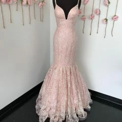 In Stock Ashley Lauren 1743 Size 4 Blush Mermaid Lace Prom Dress Embellished Gown
