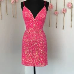 In Stock Ashley Lauren 4436 Size 0 Neon Pink Cocktail Dress Sequins Short Homecoming Dress Corset Dresses