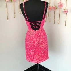 In Stock Ashley Lauren 4436 Size 0 Neon Pink Cocktail Dress Sequins Short Homecoming Dress Corset Dresses