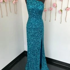 In Stock Ashley Lauren 11144 Size 14 Peacock Sequin One Shoulder Prom Dress With Lace Up Back Corset Dresses