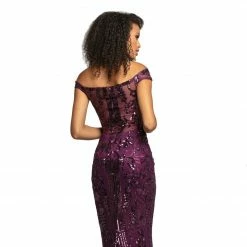 In Stock Johnathan Kayne 2064 Size 14 Plum Fitted Sequin Off Shoulder Prom Dress Pageant Gown