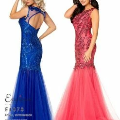 In Stock Mermaid Dresses Envious Couture 1078 Sequin Mermaid Prom Dress Formal Gown Sheer Royal Size 4, 6, 10, 12