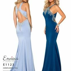 In Stock Mermaid Dresses Envious Couture 1123 Teal Size 6 Satin High Neck Pageant Dress Formal Gown