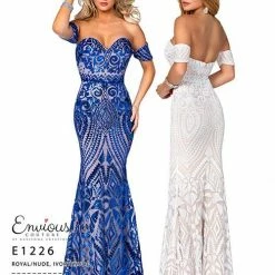 In Stock Envious Couture E1226 Size 4 Sequin Prom Dress Pageant Gown Off Shoulder Sleeve Royal/Nude Mermaid Dresses