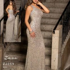 In Stock Zasa Chic 2069 Nude Size 00 One Shoulder Sequin Prom Dress Pageant Gown Evening
