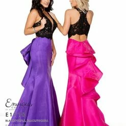 In Stock Envious Couture 1110 Size 0, 6 Sheer Lace Mermaid Prom Dress Ruffle Train Pink Mermaid Dresses