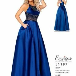 In Stock Envious Couture 1187 Navy Size 18 High Neckline Prom Dress Pockets Ballgown