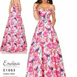 In Stock Envious Couture 1063 Size 8 Off The Shoulder Prom Dress Pockets A Line Floral