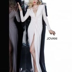 Jovani 3060 Low V Neckline Long Sleeve Evening Gown With High Slit Bodysuit