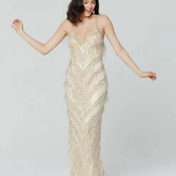 GSF Primavera Couture 3213 Full Fringe Prom Dress Pageant Gown Evening Gown Size 2 Nude/silver Fringe & Tassels