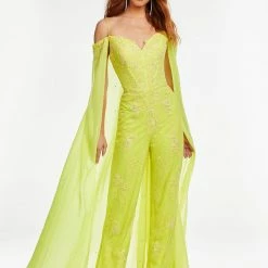 Ashleylauren Jumpsuits & Rompers Ashley Lauren 11150 Lace Jumpsuit With Chiffon Cape Trimmed In Lace