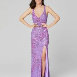In Stock Primavera Couture 3412 Size 6, 12 Beaded Sequins Prom Dress V Neckline Slit Formal