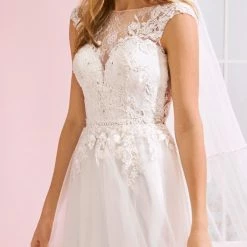 White One Bridal JADE Pronovias Wedding Dress Sheer Lace Neckline Cap Sleeve Gown