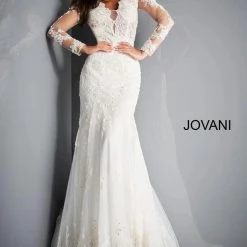 In Stock Jovani Bridal JB02579 Size 8 Long Sleeve Lace Mermaid Wedding Dress Backless V Neck
