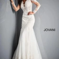 Mermaid Dresses Jovani Bridal JB02579 Long Sleeve Lace Mermaid Wedding Dress Backless V Neck