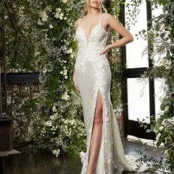 Jovani Bridal JB03592 Sequin Floral Lace Backless Wedding Dress Slit Train Fitted Backless Dresses