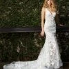 Sequin Dresses Jovani Bridal JB04192 White Wedding Dress Sequin Floral Sheer Lace V Neck Fitted Bridal Gown
