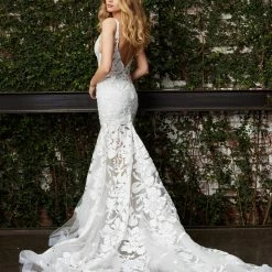 Sequin Dresses Jovani Bridal JB04192 White Wedding Dress Sequin Floral Sheer Lace V Neck Fitted Bridal Gown
